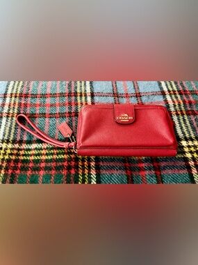 Coach Red Crossgrain Leather Wallet With Wrist Strap and Gold Hardware